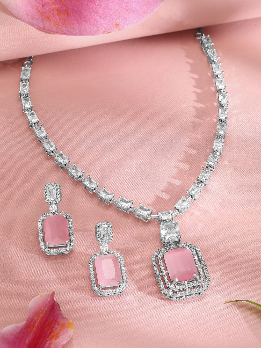 American Diamond Zirconia Pink Necklace Set