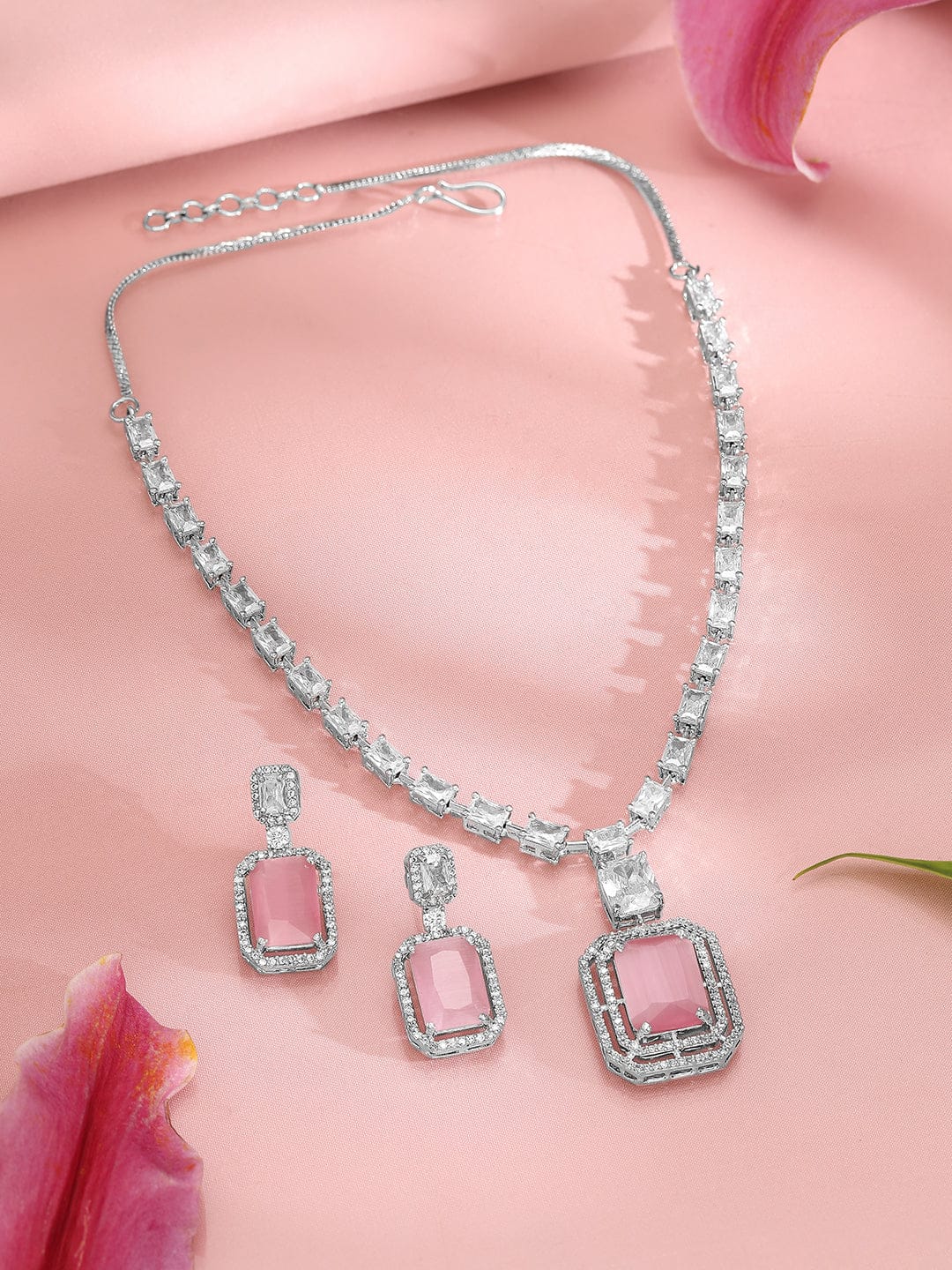 American Diamond Zirconia Pink Necklace Set