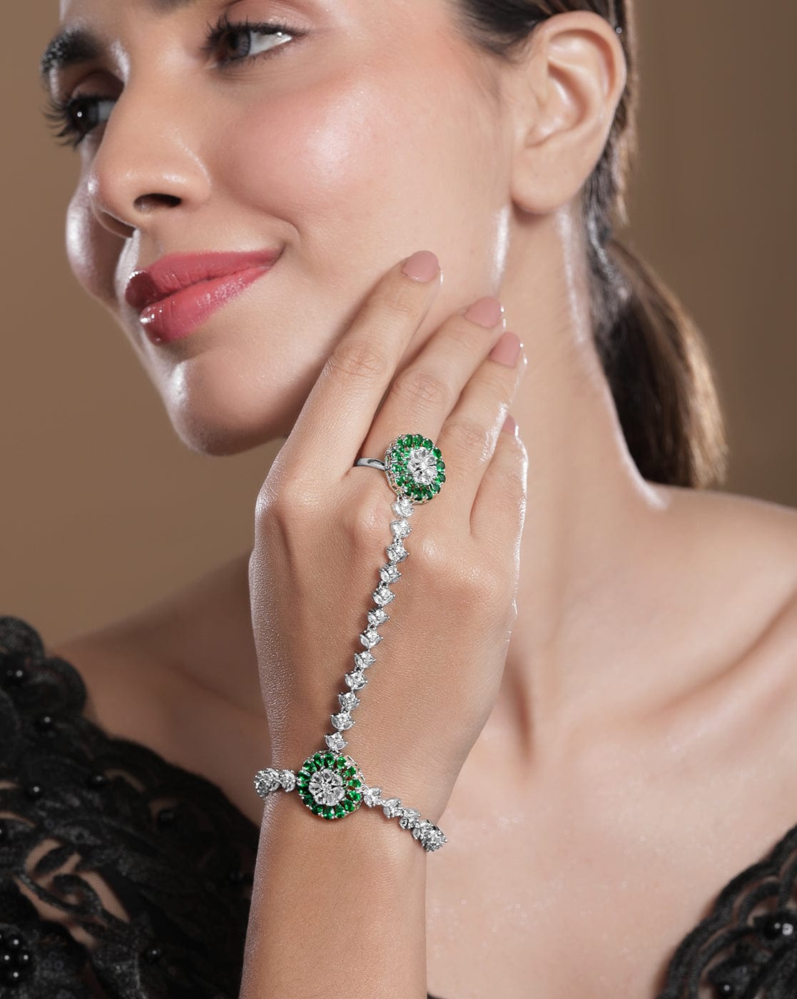 Wentra Rhodium-Plated Emerald & Cubic Zirconia Hand Harness Ring Bracelet