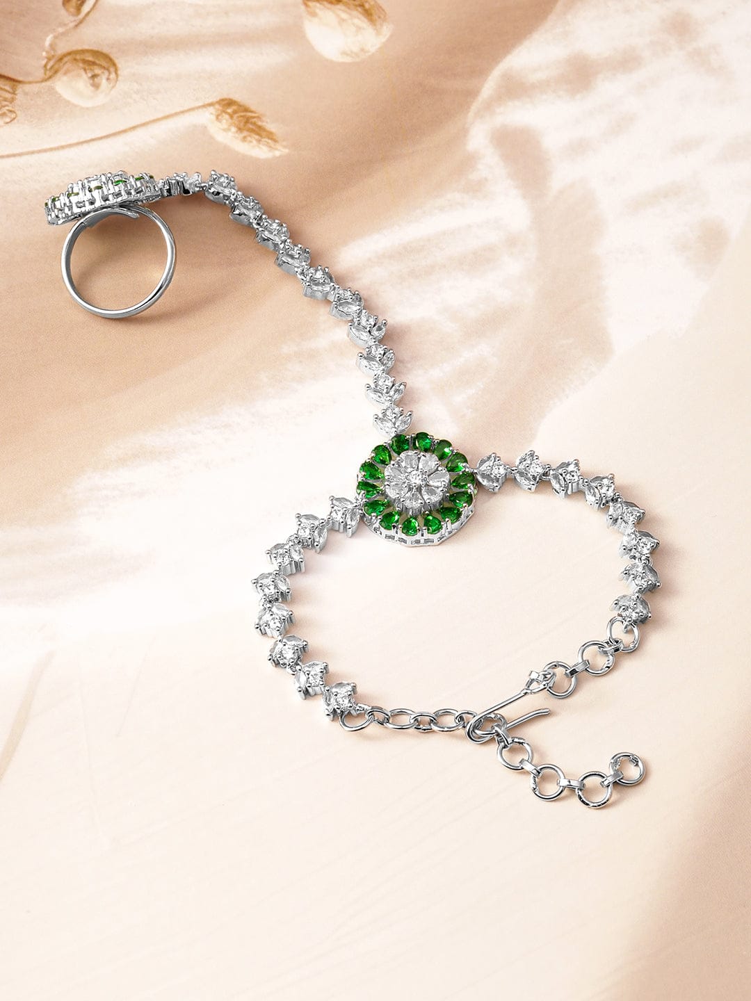 Wentra Rhodium-Plated Emerald & Cubic Zirconia Hand Harness Ring Bracelet