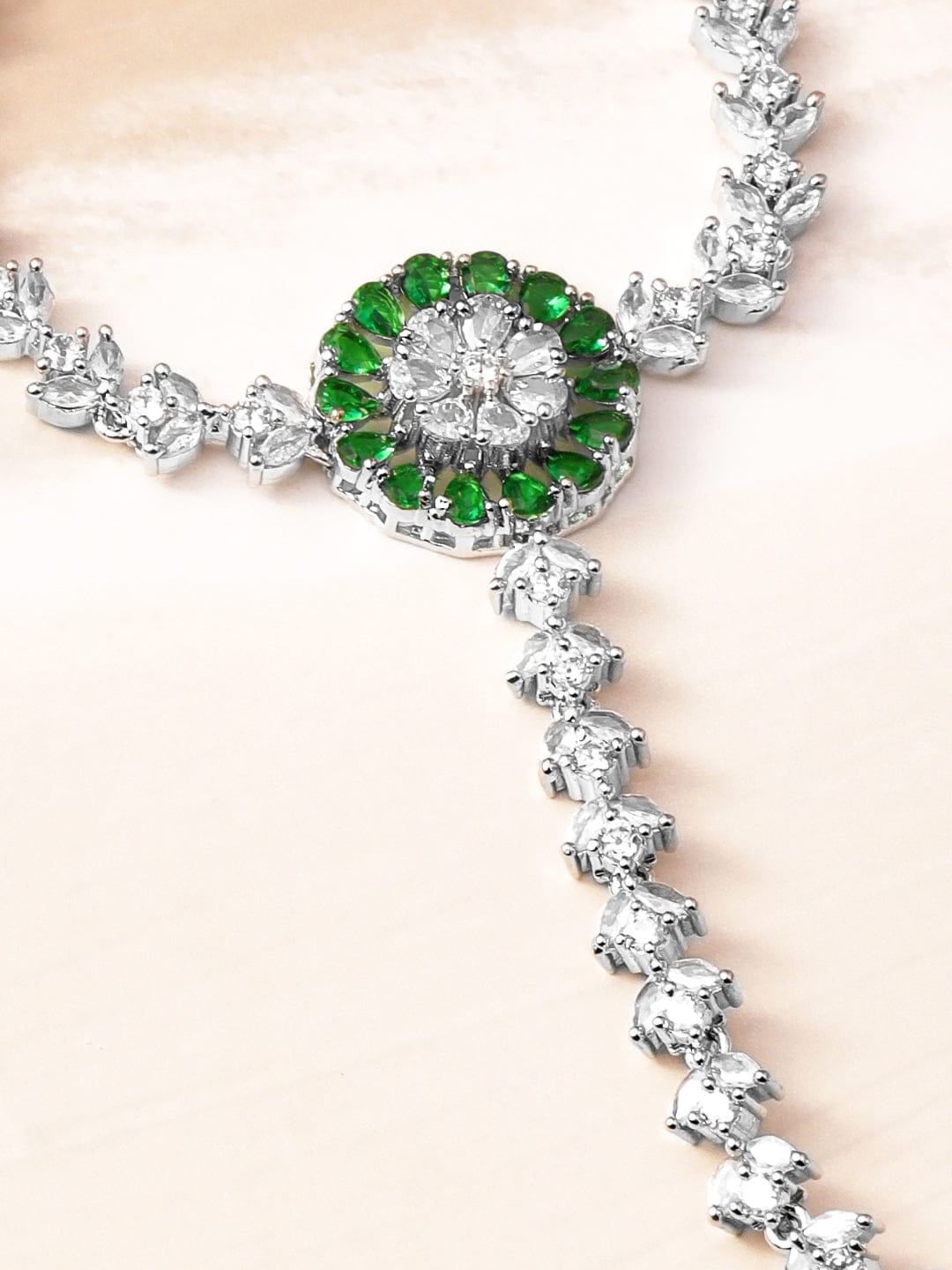 Wentra Rhodium-Plated Emerald & Cubic Zirconia Hand Harness Ring Bracelet