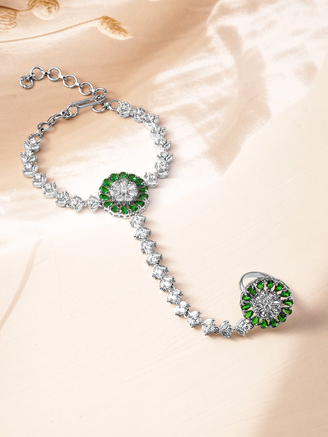 Wentra Rhodium-Plated Emerald & Cubic Zirconia Hand Harness Ring Bracelet