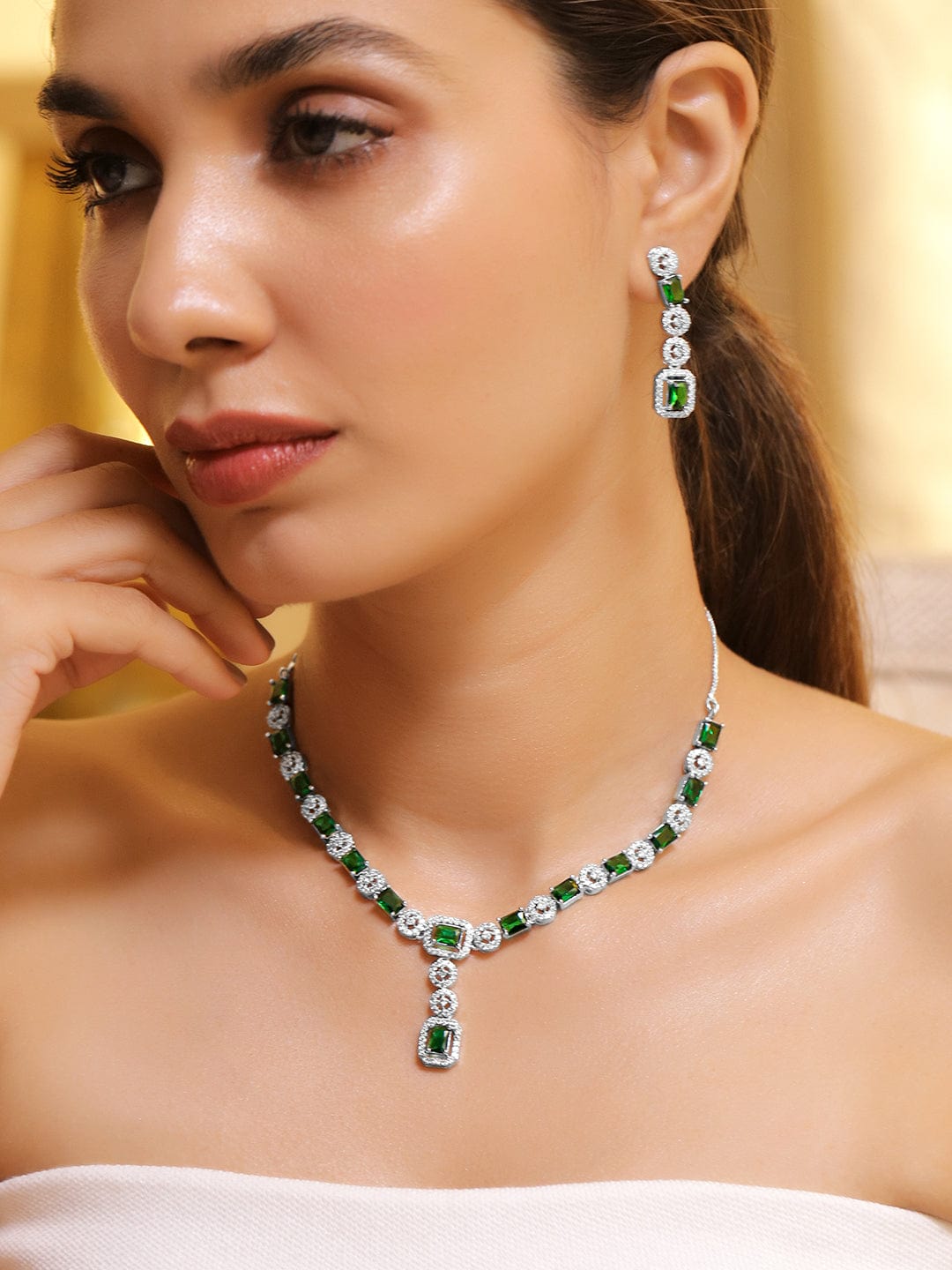 Green & White American Diamond Zirconia Necklace Set