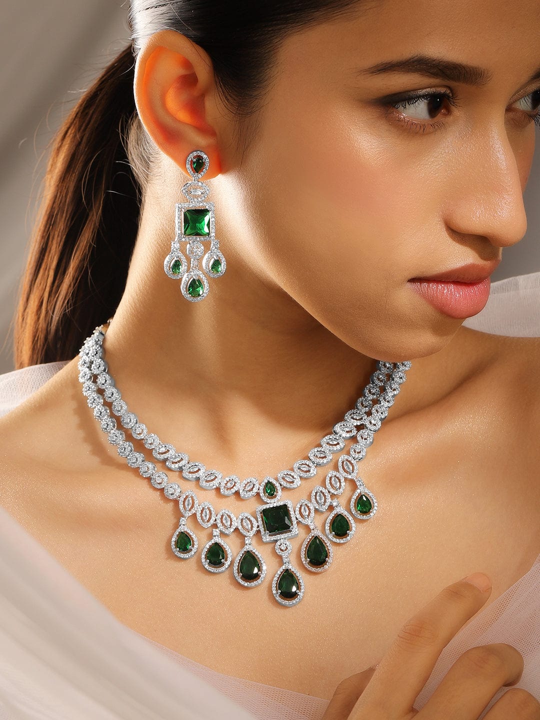 American Diamond Zirconia Layered Green Necklace Set