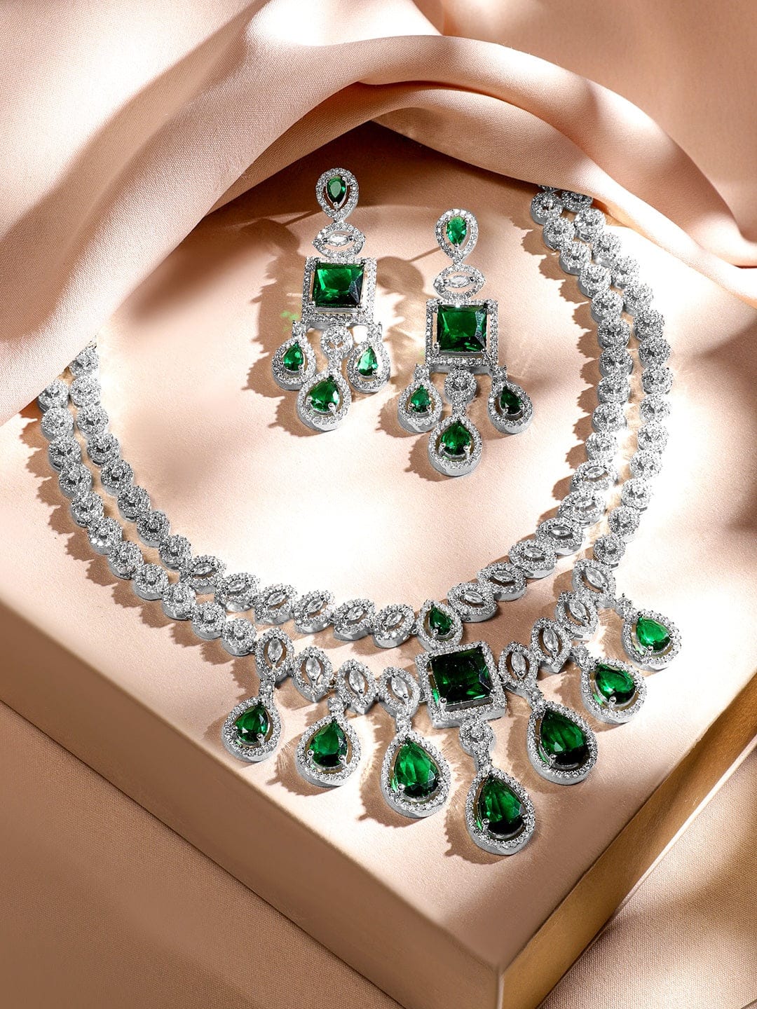 American Diamond Zirconia Layered Green Necklace Set