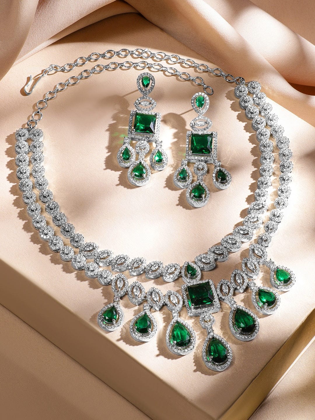 American Diamond Zirconia Layered Green Necklace Set