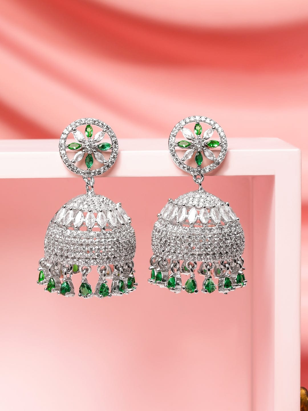 Festive Glow Green American Diamond Zirconia Jhumka