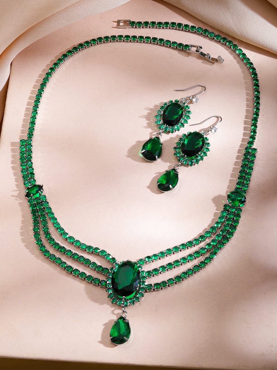 Green Crystal Studded Multi Strand Necklace Set