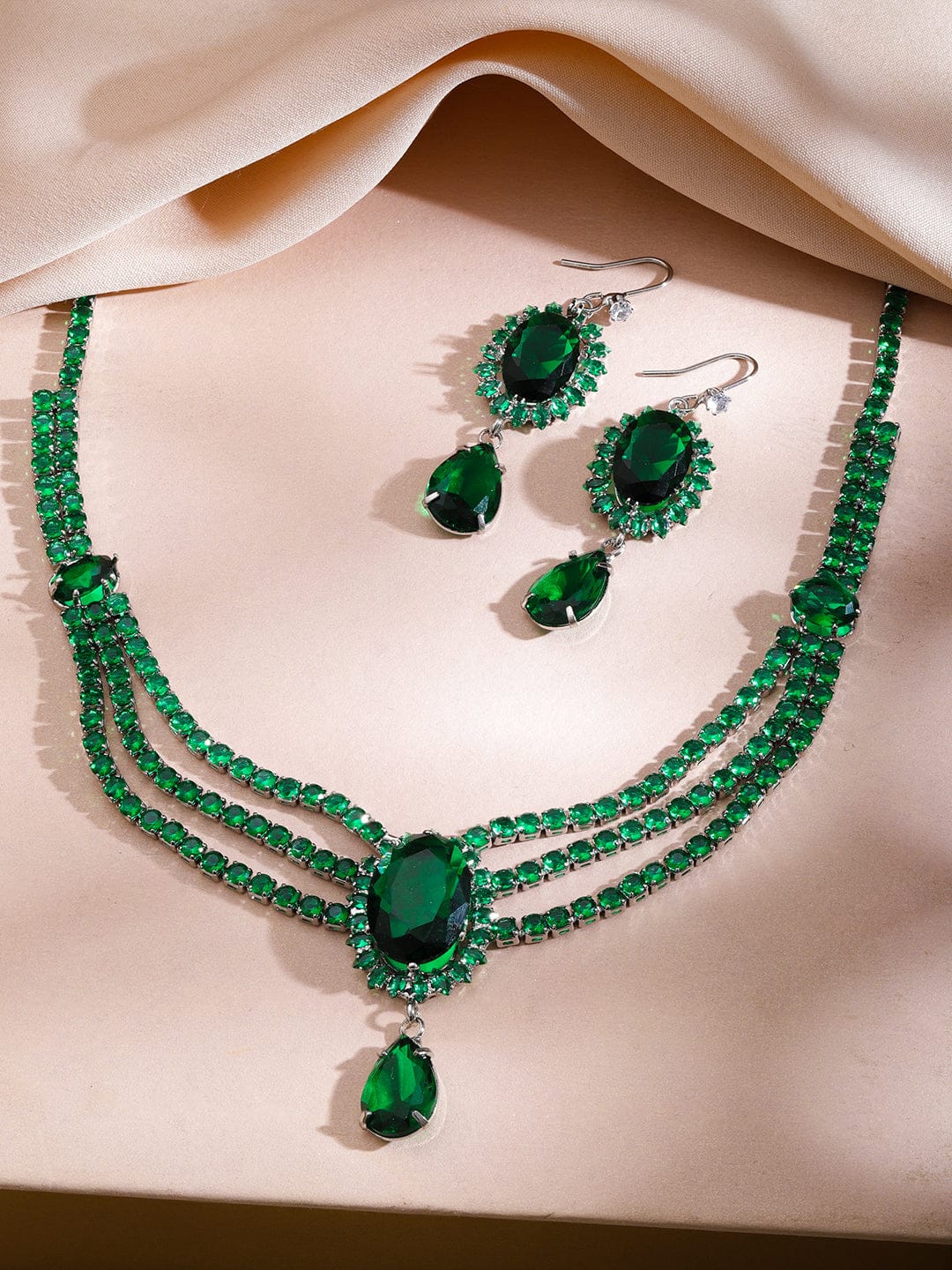 Green Crystal Studded Multi Strand Necklace Set