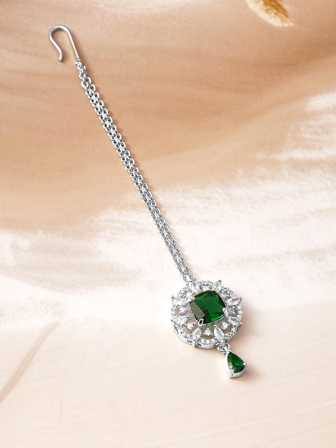 Wentra Rhodium-Plated Emerald Green & Cubic Zirconia Studded Maang Tikka