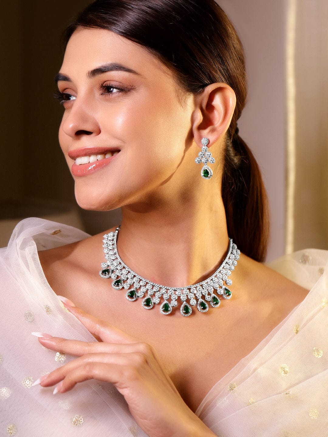 American Diamond Zirconia Green Drop Necklace Set