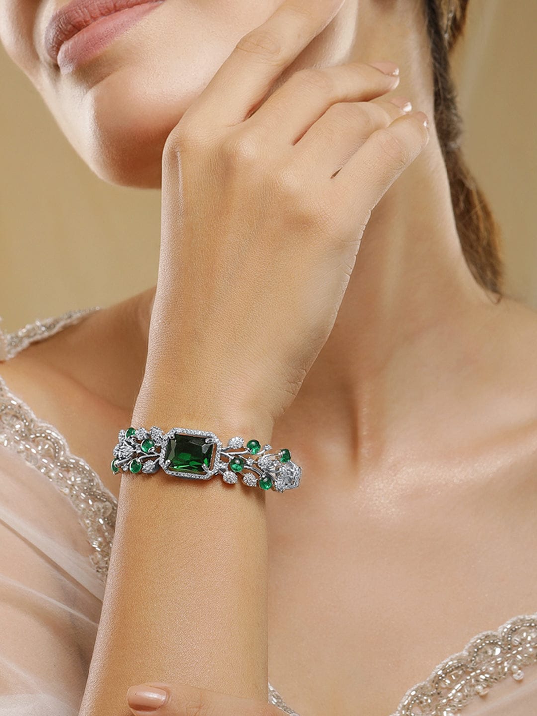 Wentra Rhodium-Plated Emerald Green & Cubic Zirconia Studded Premium Bracelet