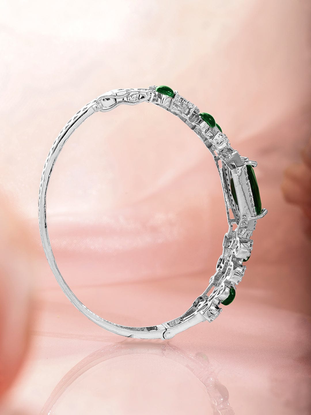 Wentra Rhodium-Plated Emerald Green & Cubic Zirconia Studded Premium Bracelet