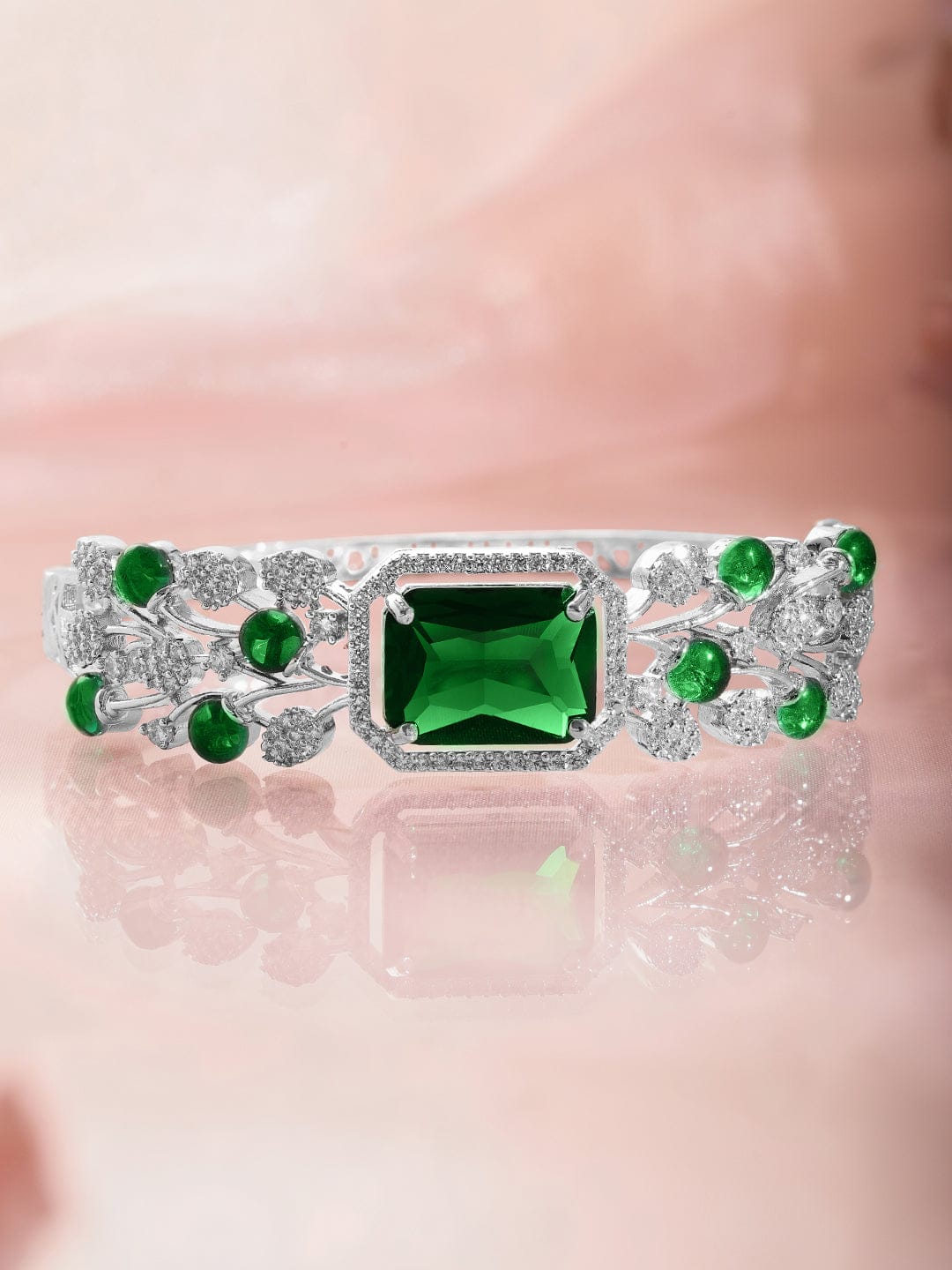 Wentra Rhodium-Plated Emerald Green & Cubic Zirconia Studded Premium Bracelet