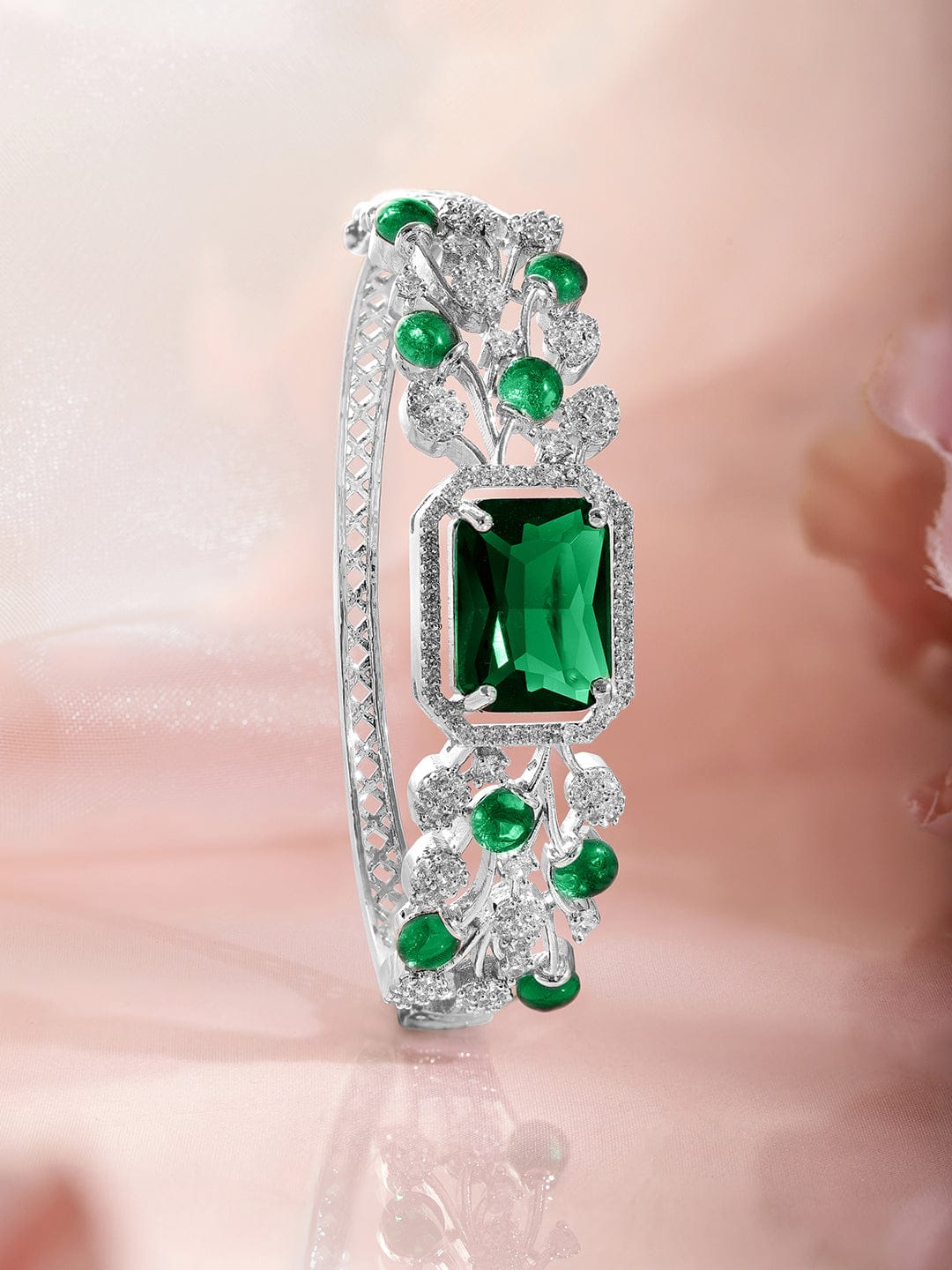 Wentra Rhodium-Plated Emerald Green & Cubic Zirconia Studded Premium Bracelet