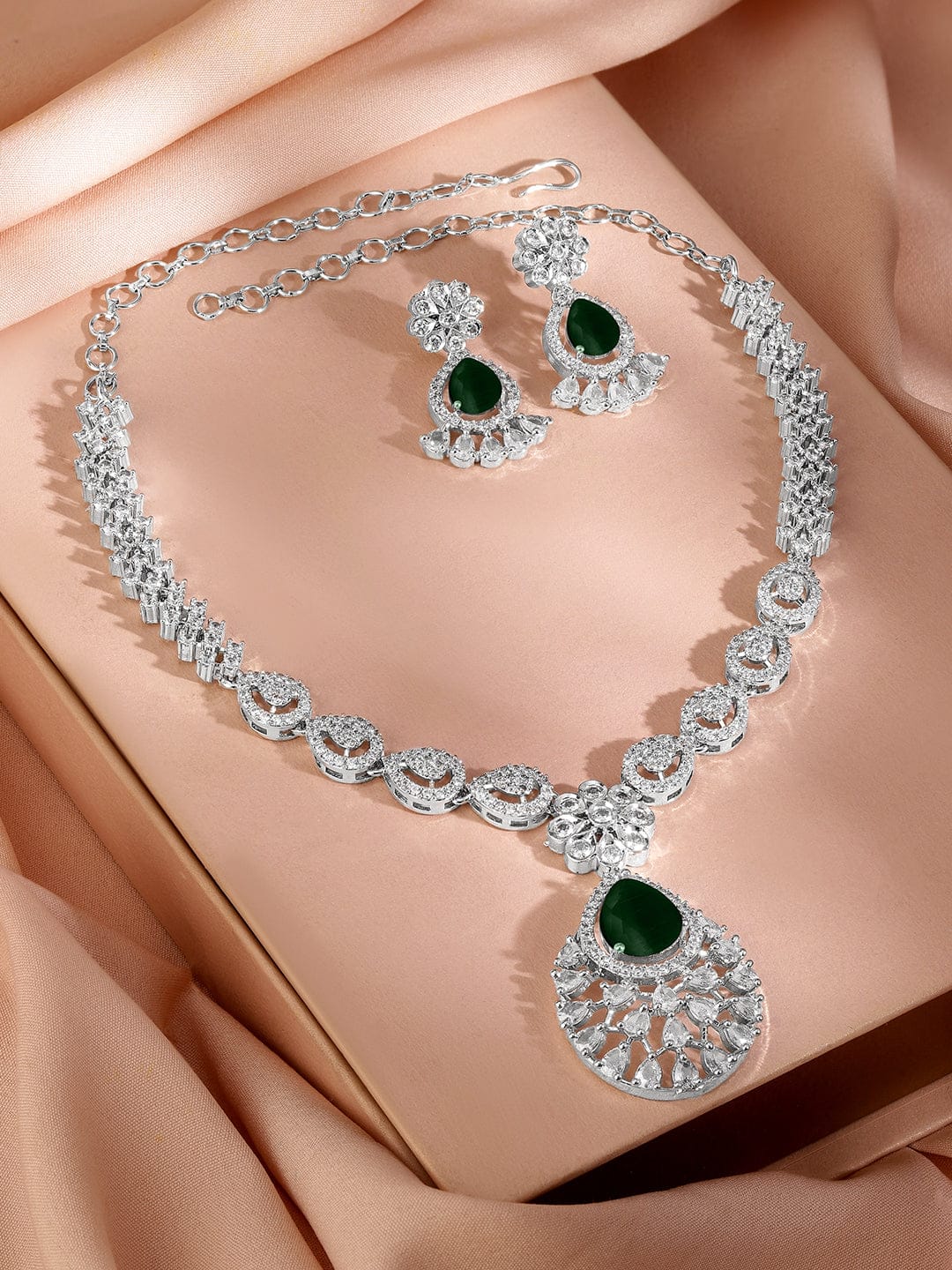 American Diamond Zirconia Emerald Floral Necklace Set
