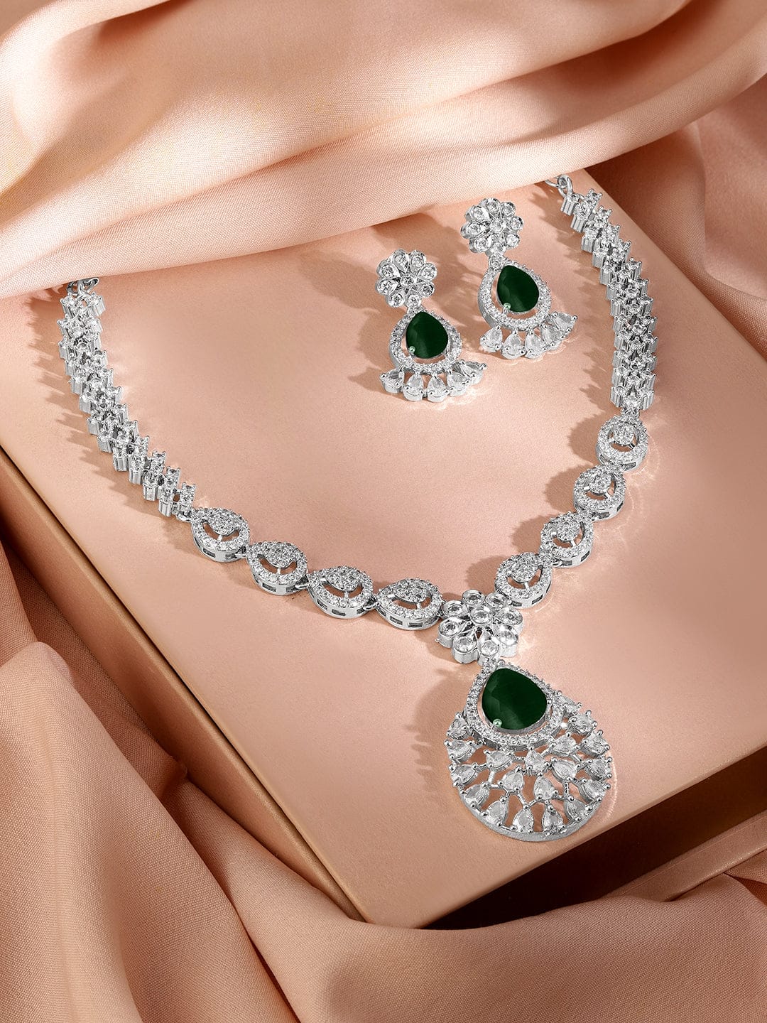 American Diamond Zirconia Emerald Floral Necklace Set
