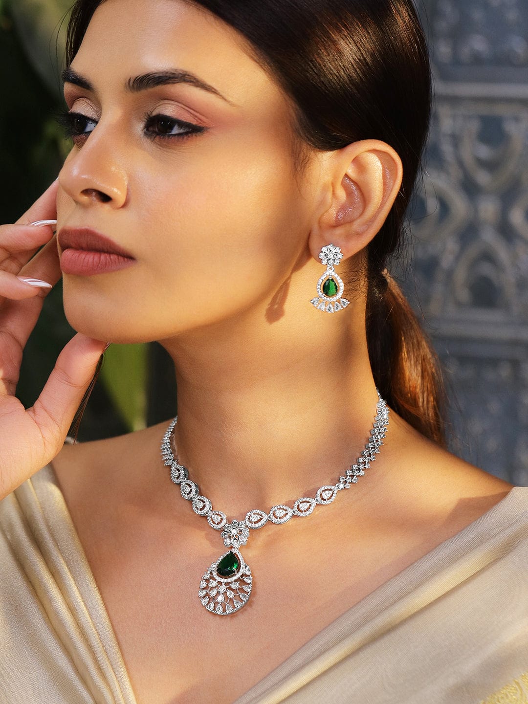 American Diamond Zirconia Emerald Floral Necklace Set