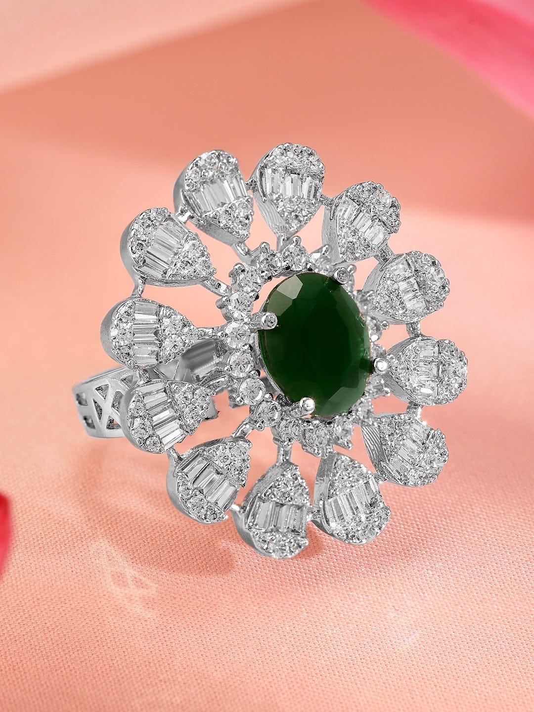 American Diamond Zirconia Green Floral Ring