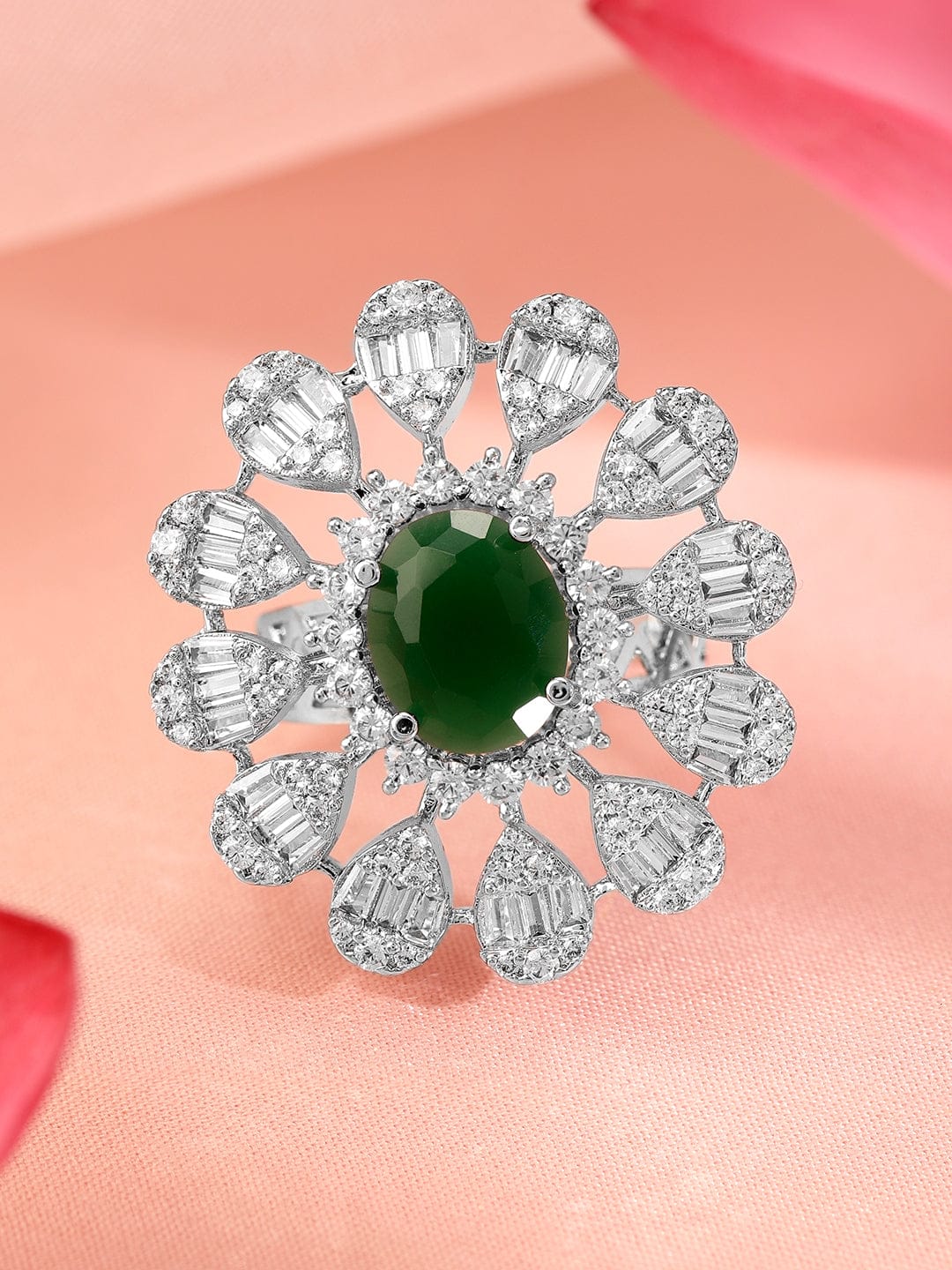 American Diamond Zirconia Green Floral Ring