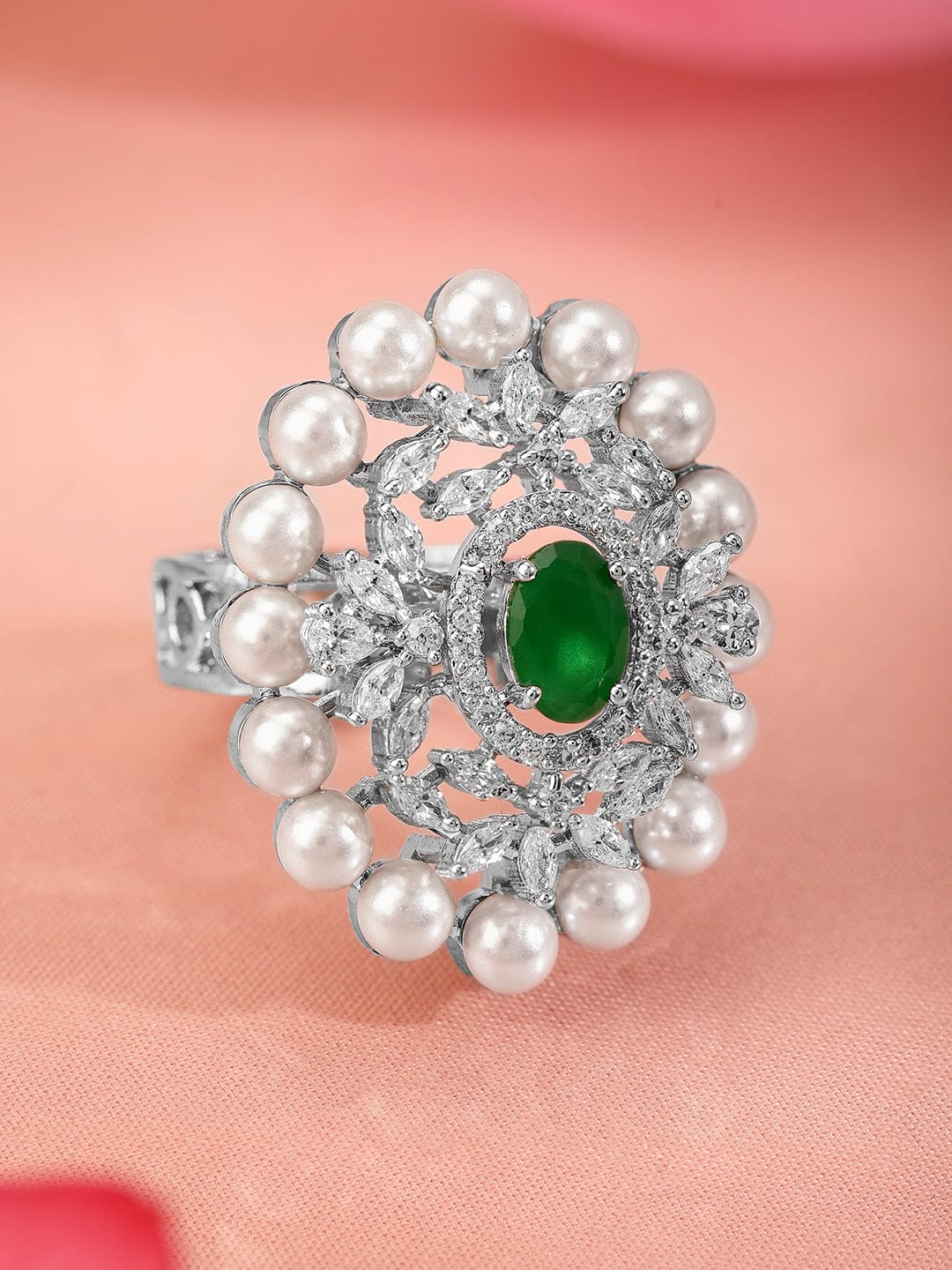 Green Aemrican Diamond Zirconia Pearl Ring