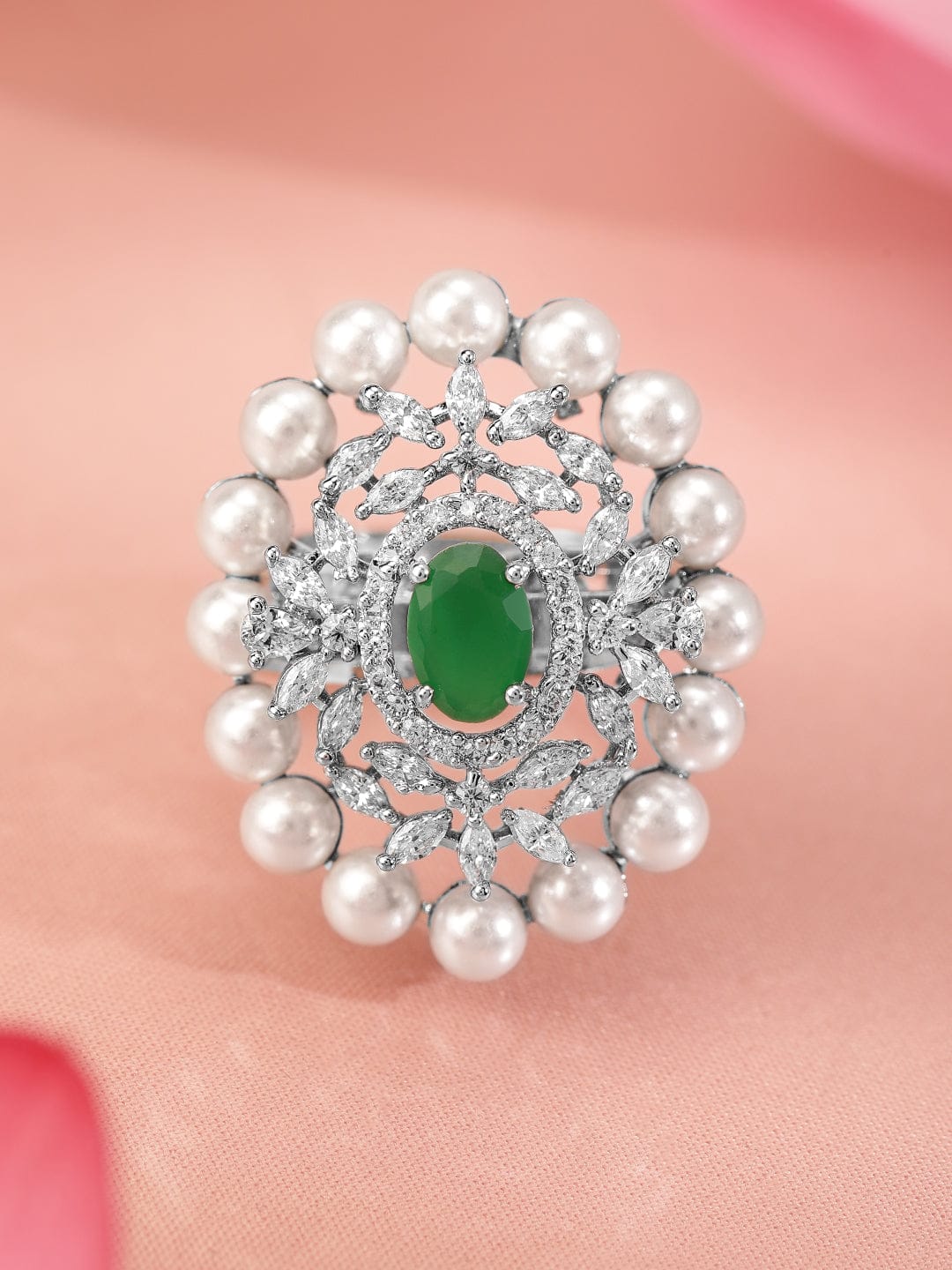 Green Aemrican Diamond Zirconia Pearl Ring