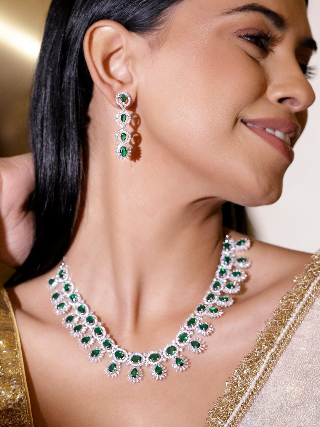 American Diamond Zirconia Emerald Necklace Set