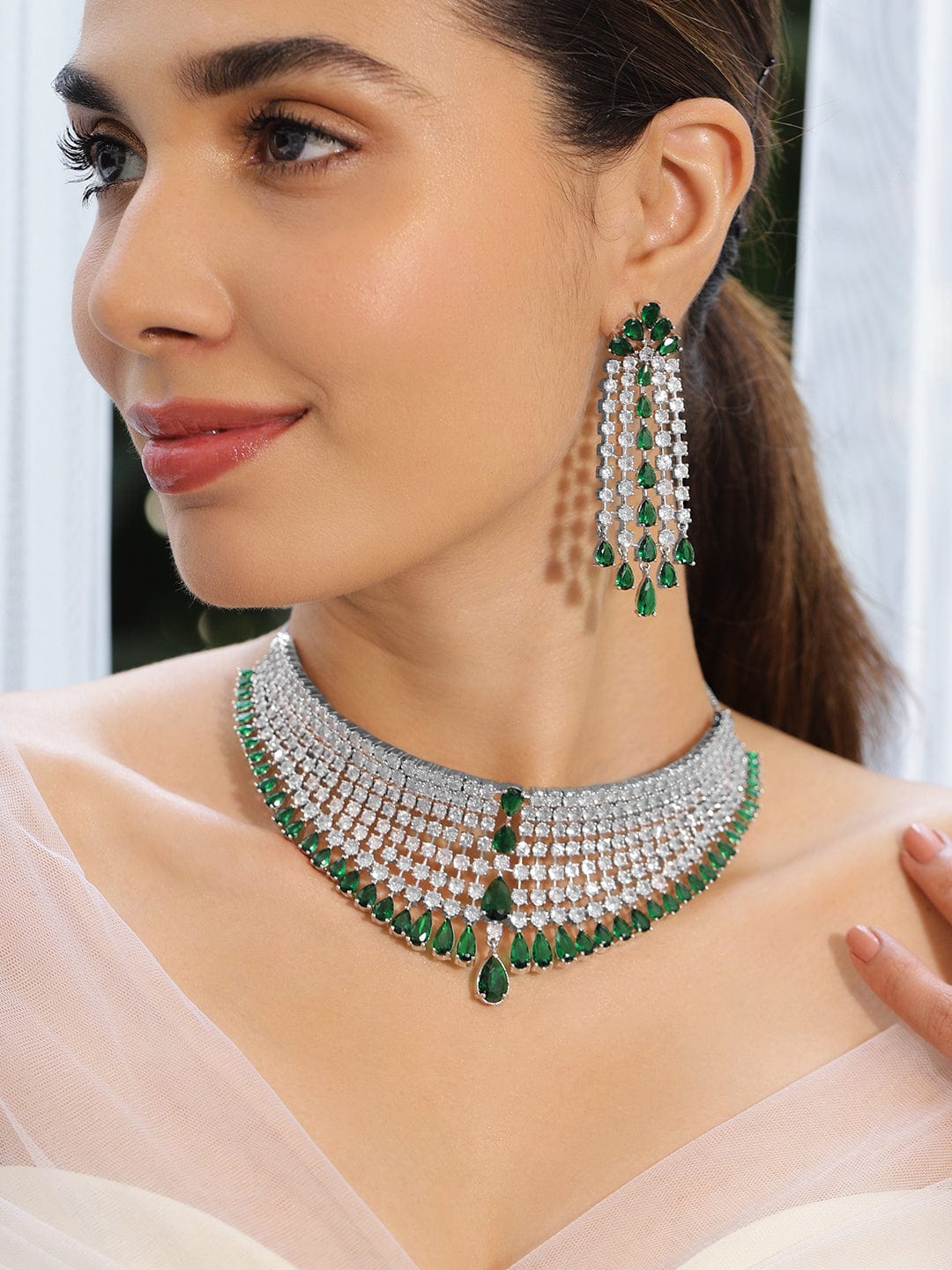 White & Green American Diamond Zirconia Choker Set