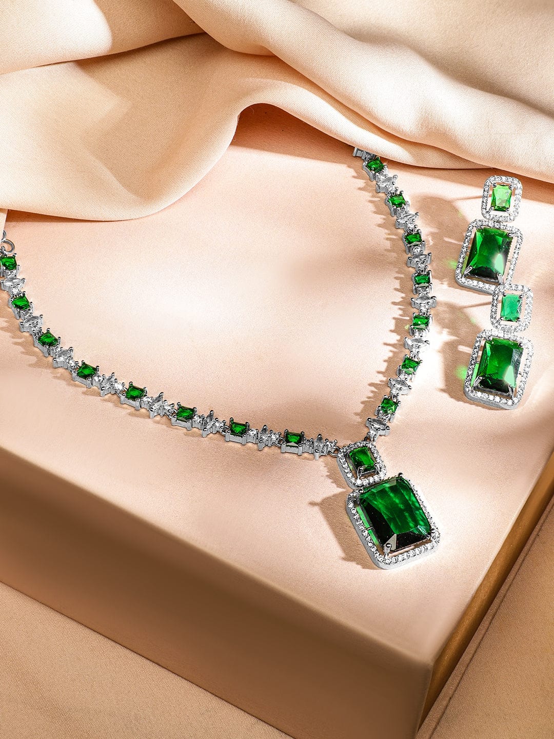 American Diamond Zirconia Emerald Necklace Set