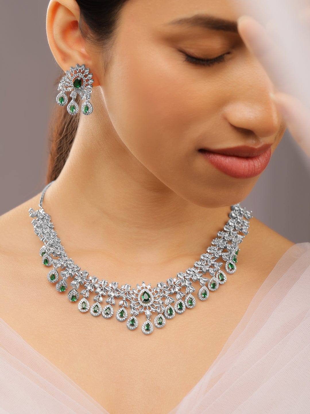White & Green American Diamond Zirconia Necklace Set