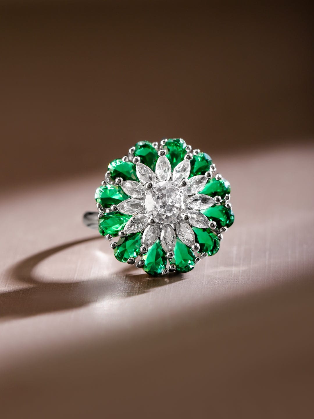 Emerald & White Studded Floral Ring