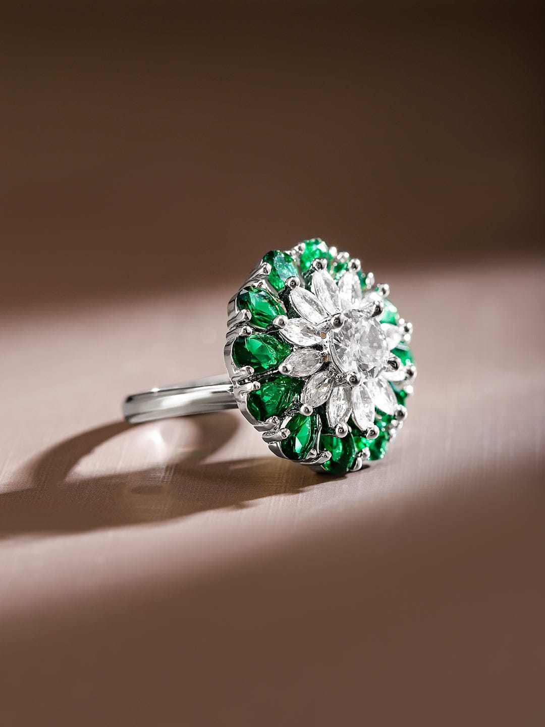 Emerald & White Studded Floral Ring