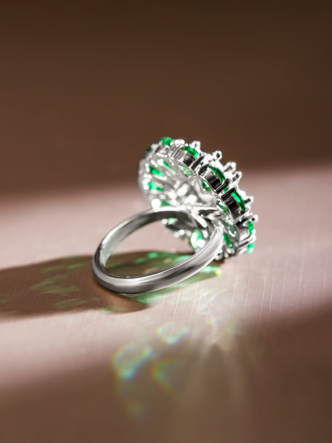 Emerald & White Studded Floral Ring