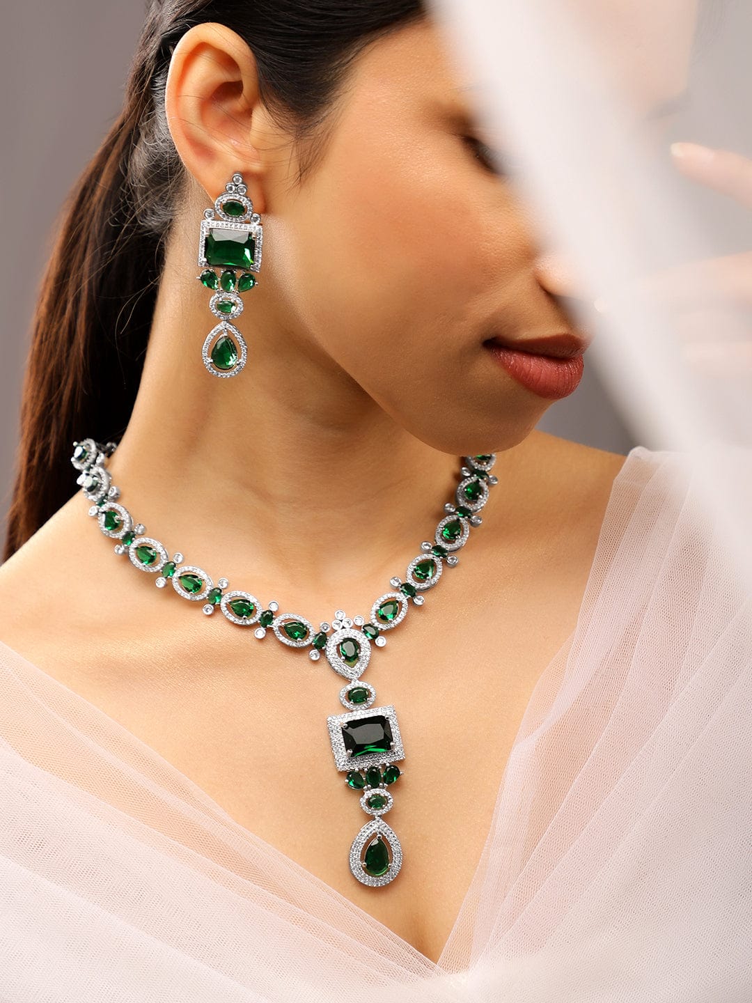 American Diamond Zirconia Studded Emerald Necklace Set