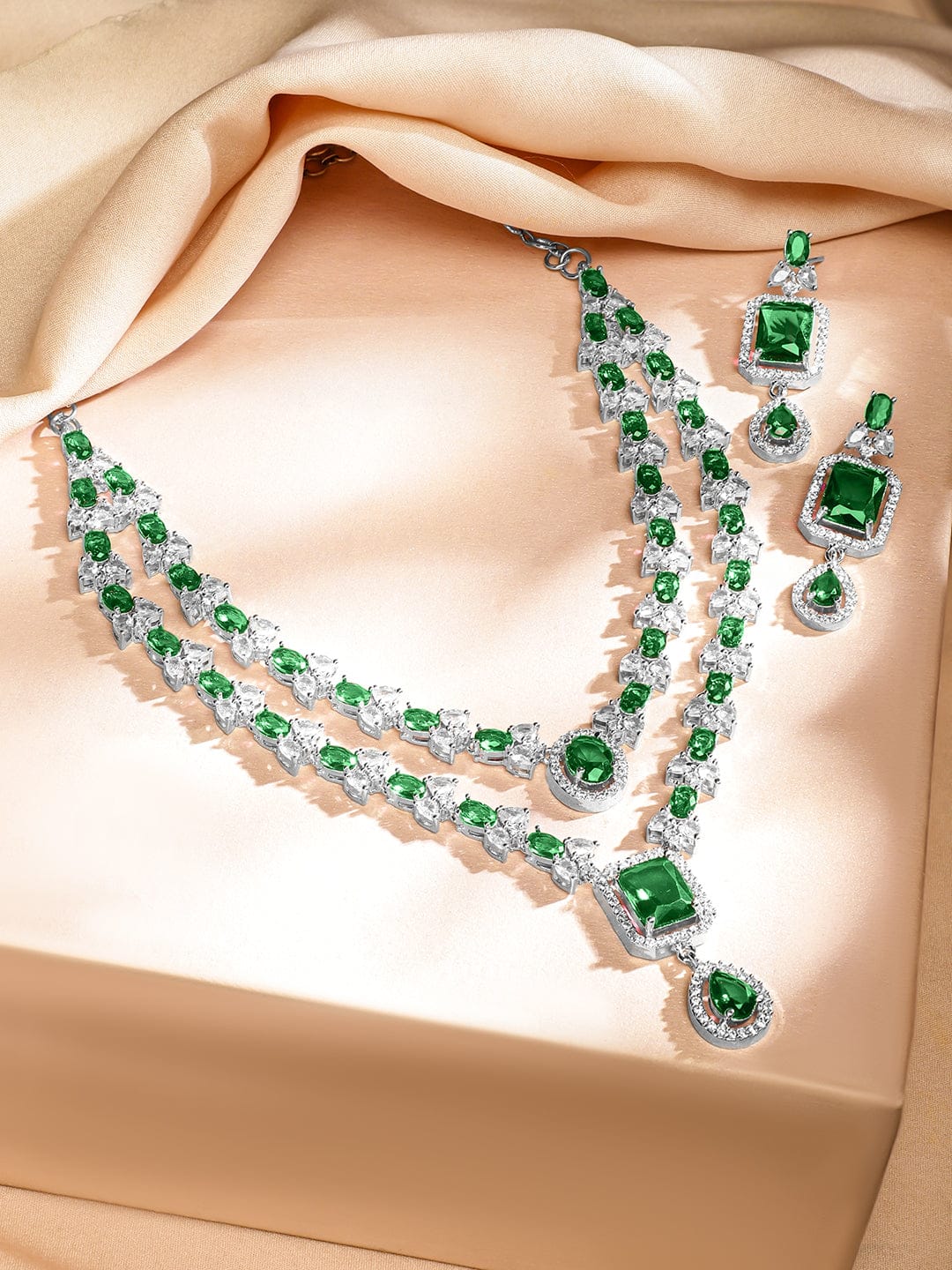 American Diamond Zirconia Green Layered Necklace Set