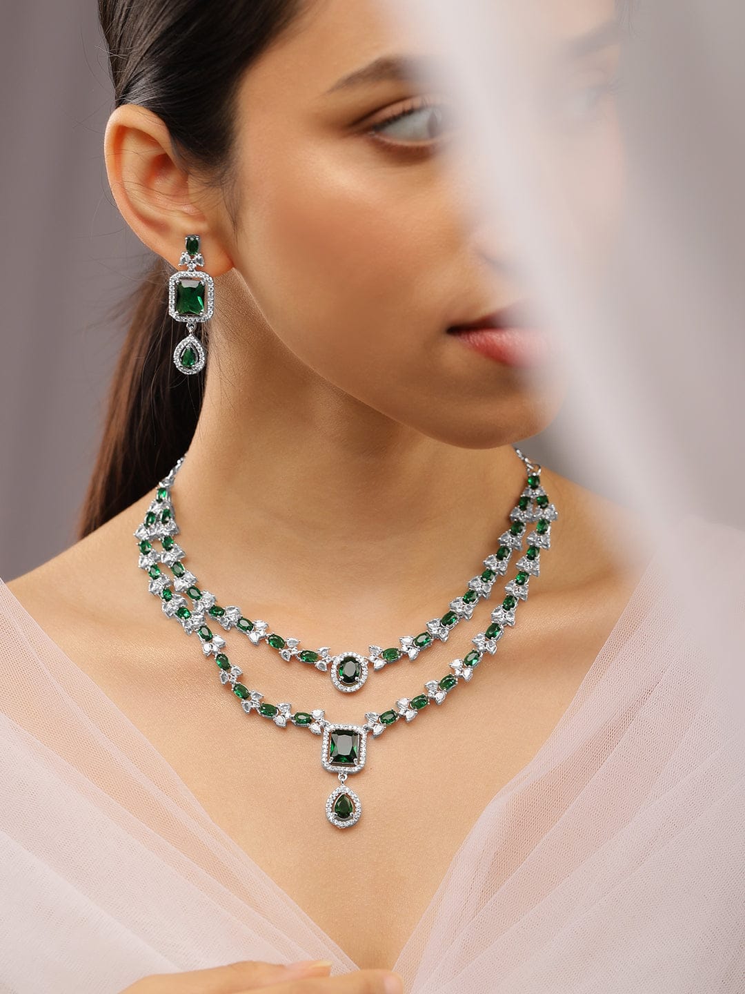 American Diamond Zirconia Green Layered Necklace Set