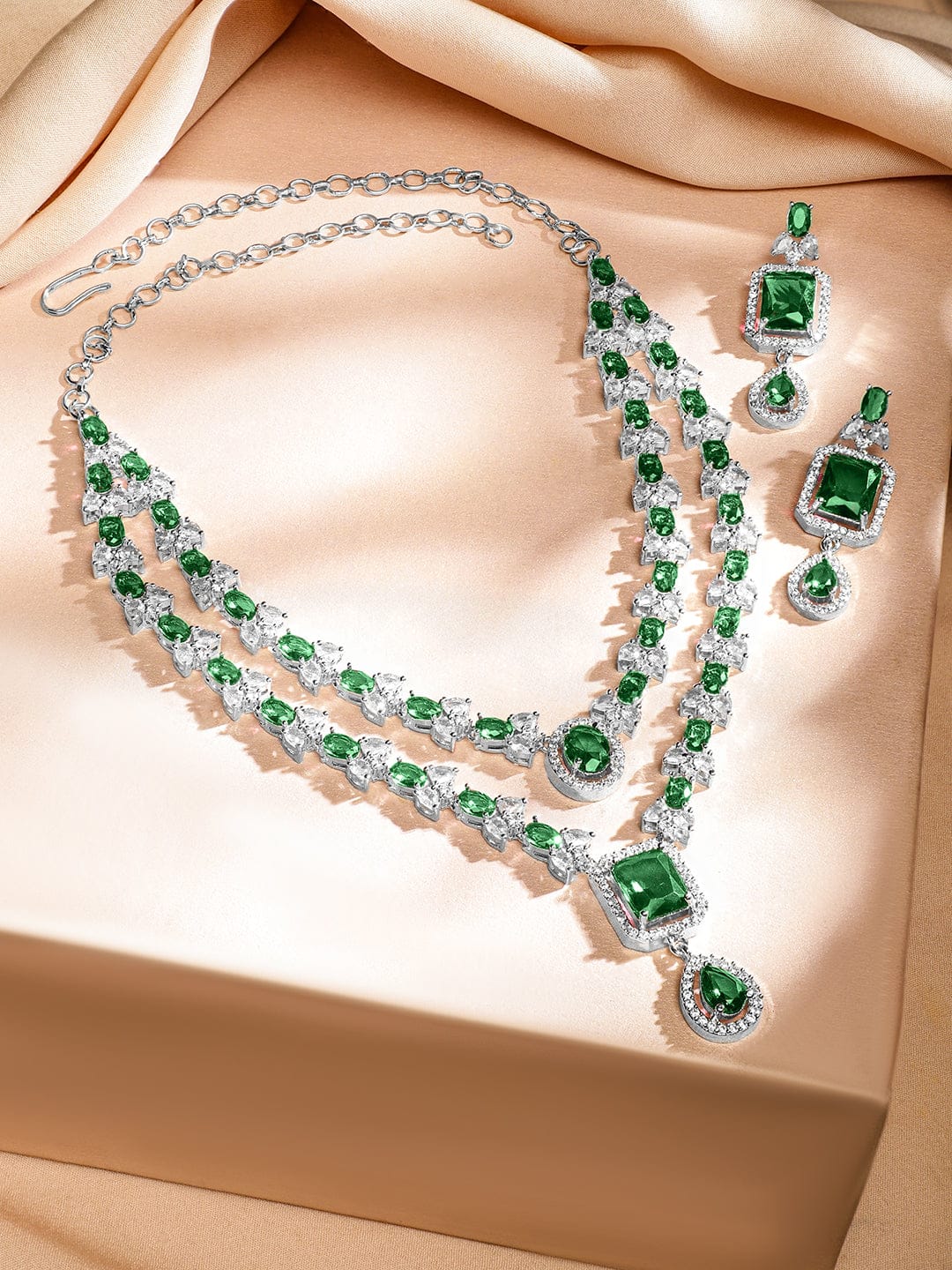 American Diamond Zirconia Green Layered Necklace Set