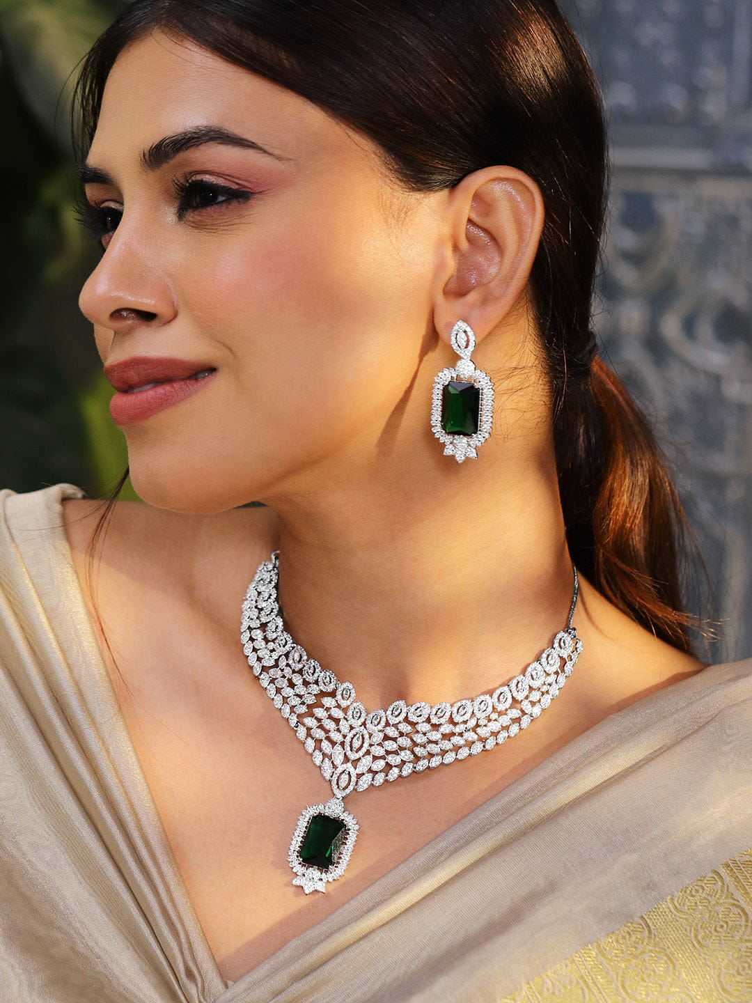 Cascading American Diamond Zirconia Green Necklace Set