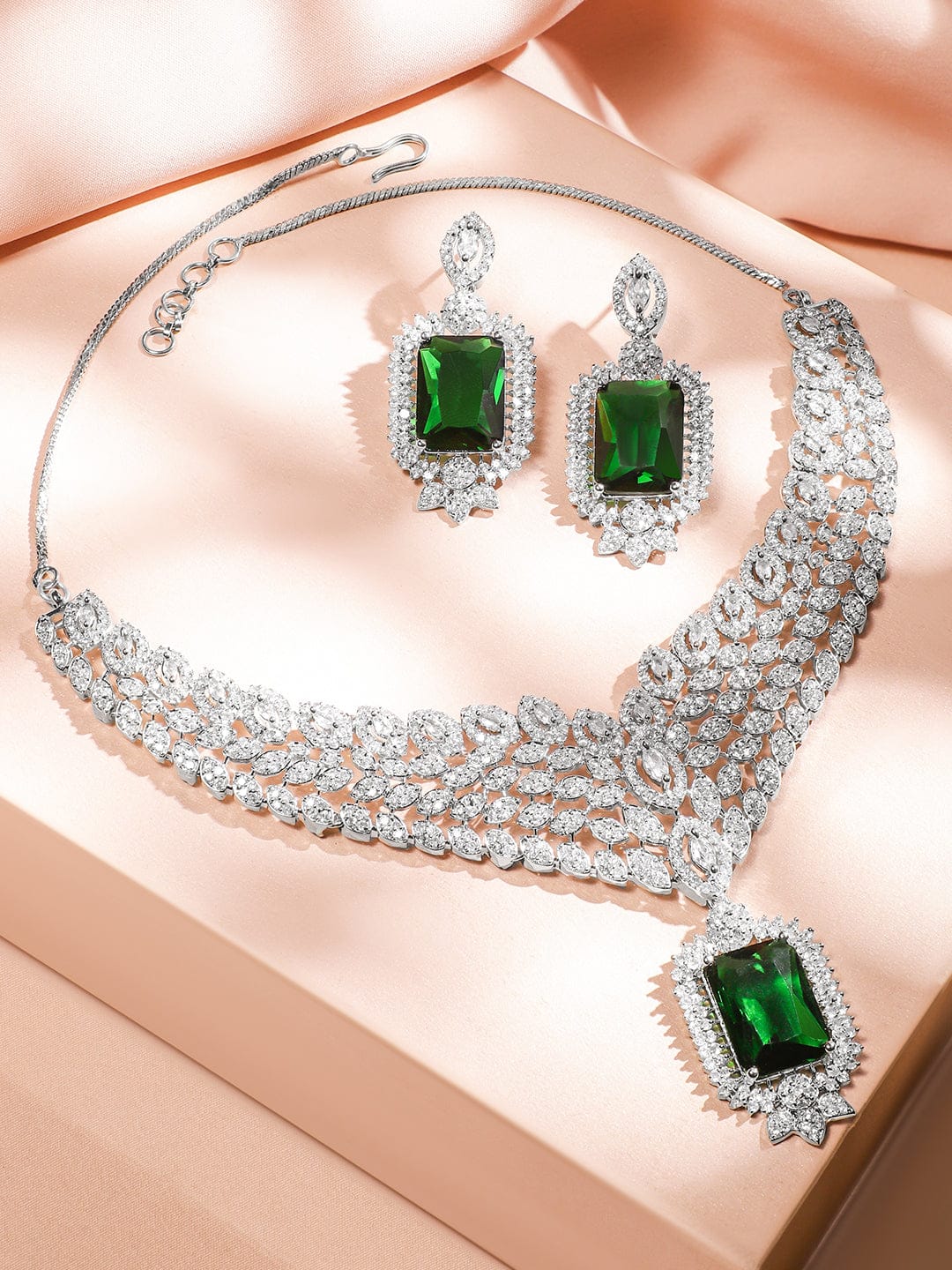 Cascading American Diamond Zirconia Green Necklace Set