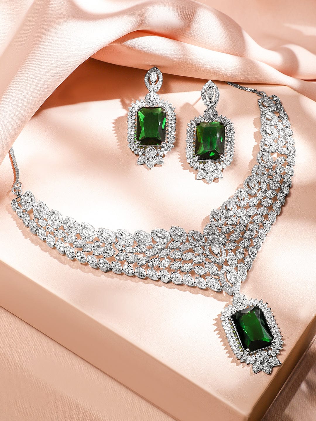 Cascading American Diamond Zirconia Green Necklace Set