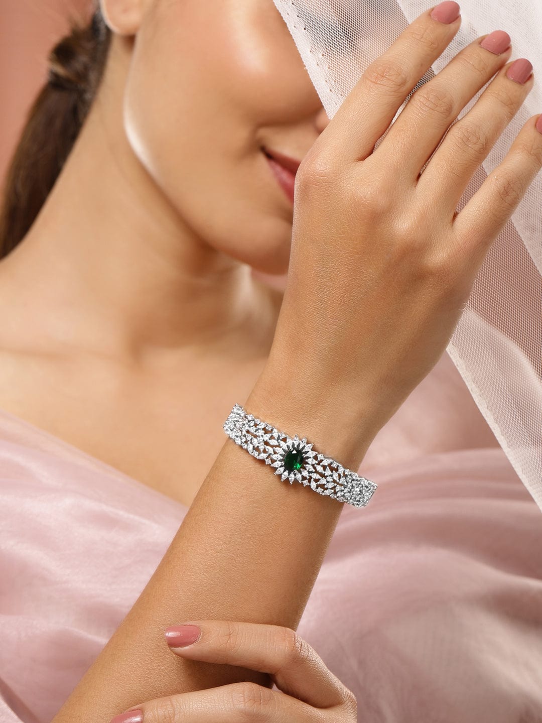 Wentra Rhodium-Plated Emerald Green & White Cubic Zirconia Studded Openable Bracelet