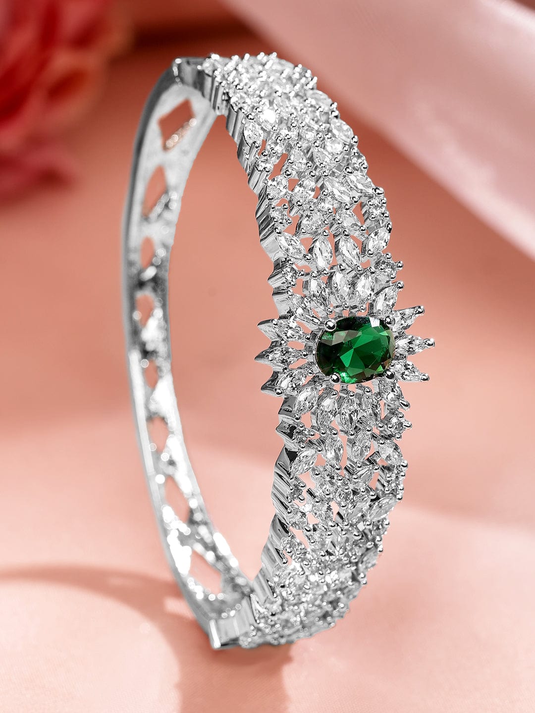 Wentra Rhodium-Plated Emerald Green & White Cubic Zirconia Studded Openable Bracelet