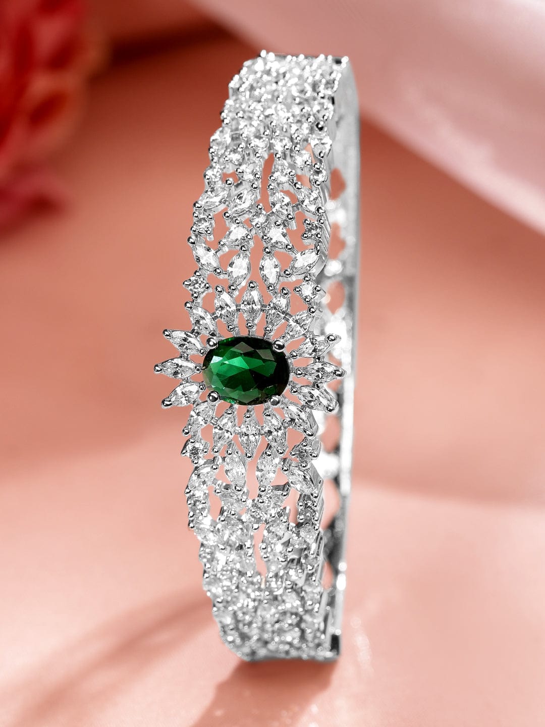 Wentra Rhodium-Plated Emerald Green & White Cubic Zirconia Studded Openable Bracelet