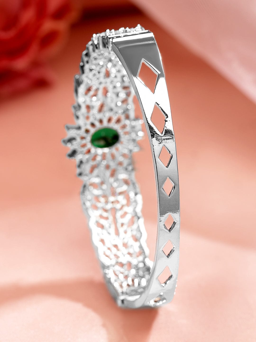 Wentra Rhodium-Plated Emerald Green & White Cubic Zirconia Studded Openable Bracelet