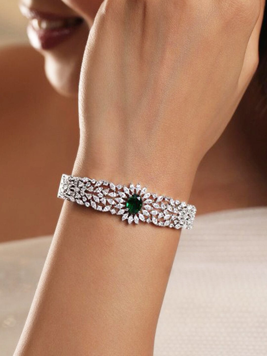 Wentra Rhodium-Plated Emerald Green & White Cubic Zirconia Studded Openable Bracelet