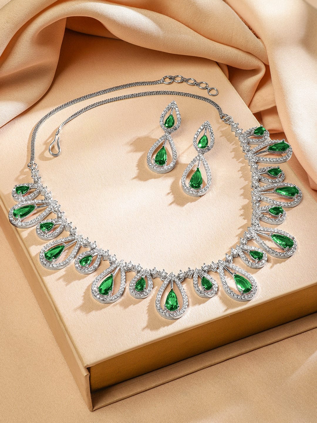 American Diamond Zirconia Green Drops Necklace Set