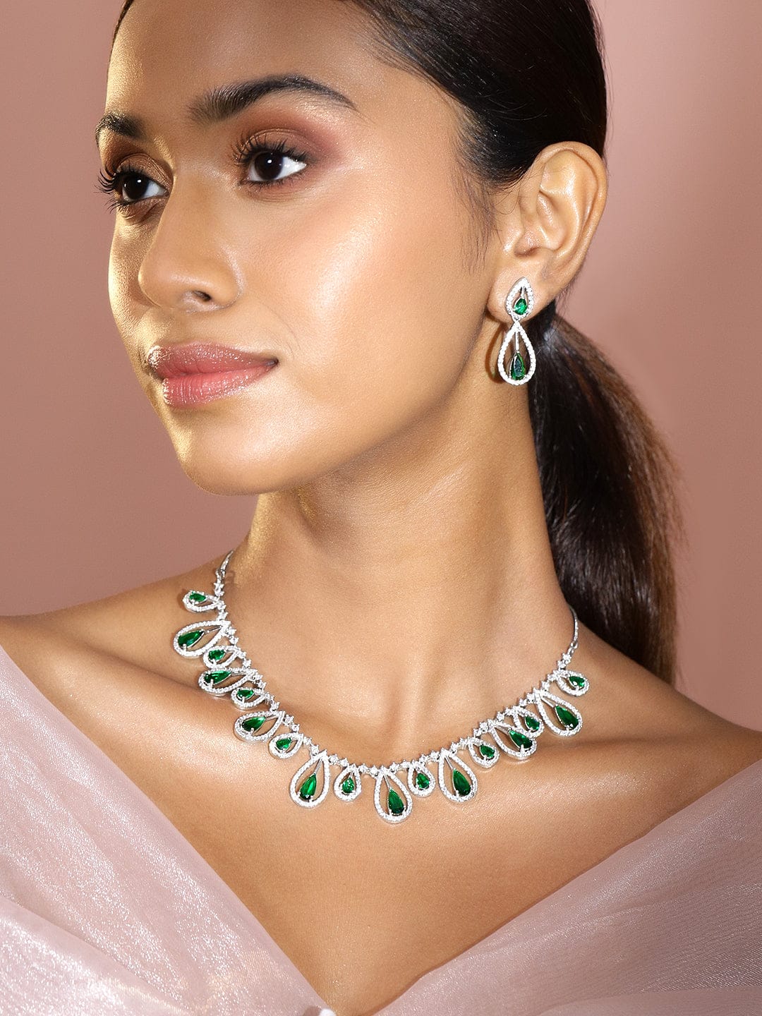 American Diamond Zirconia Green Drops Necklace Set