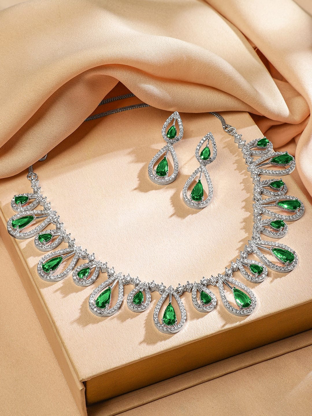 American Diamond Zirconia Green Drops Necklace Set