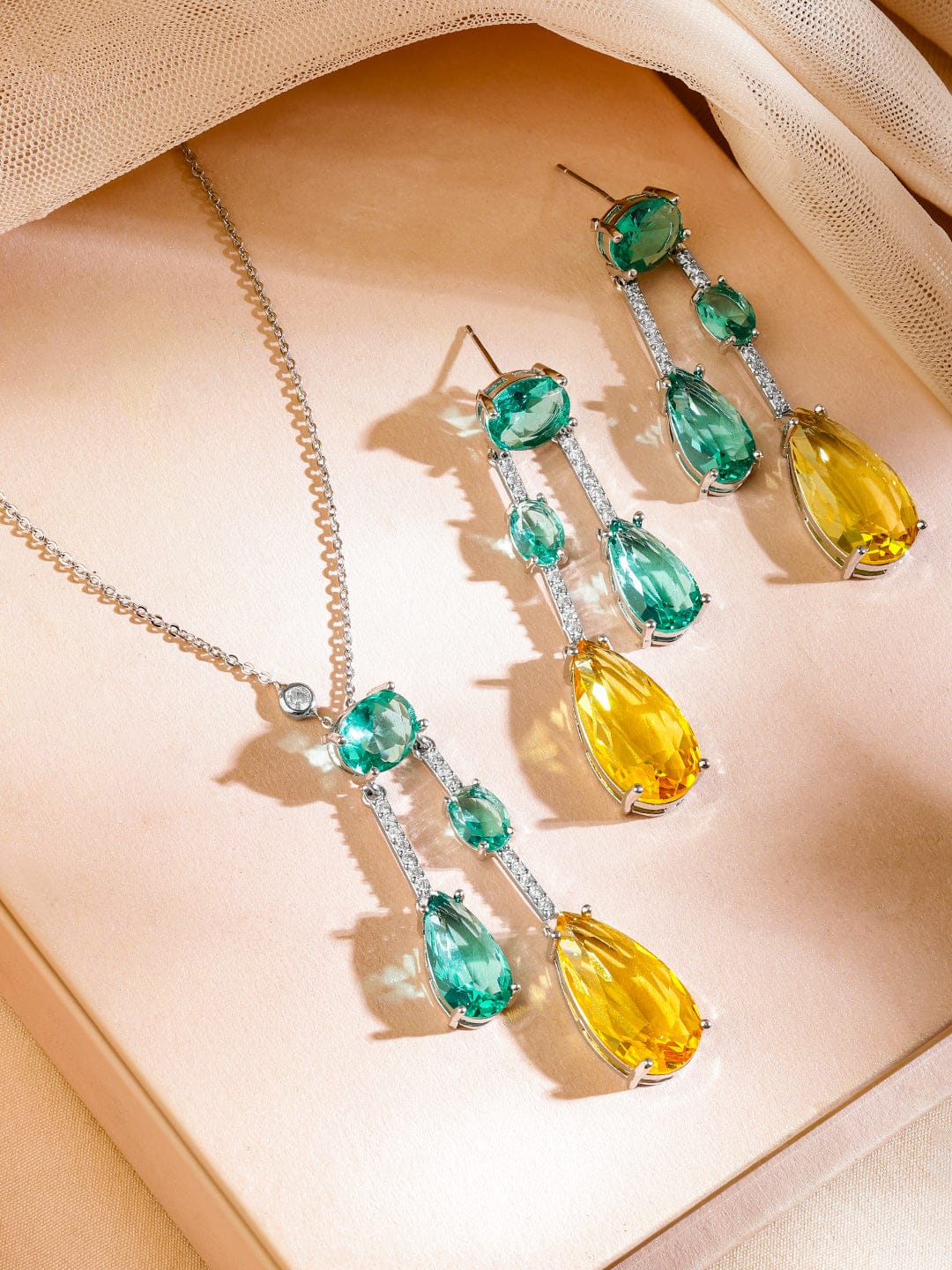Emerald Green & Yellow American Diamond Zirconia Contemporary Necklace Set