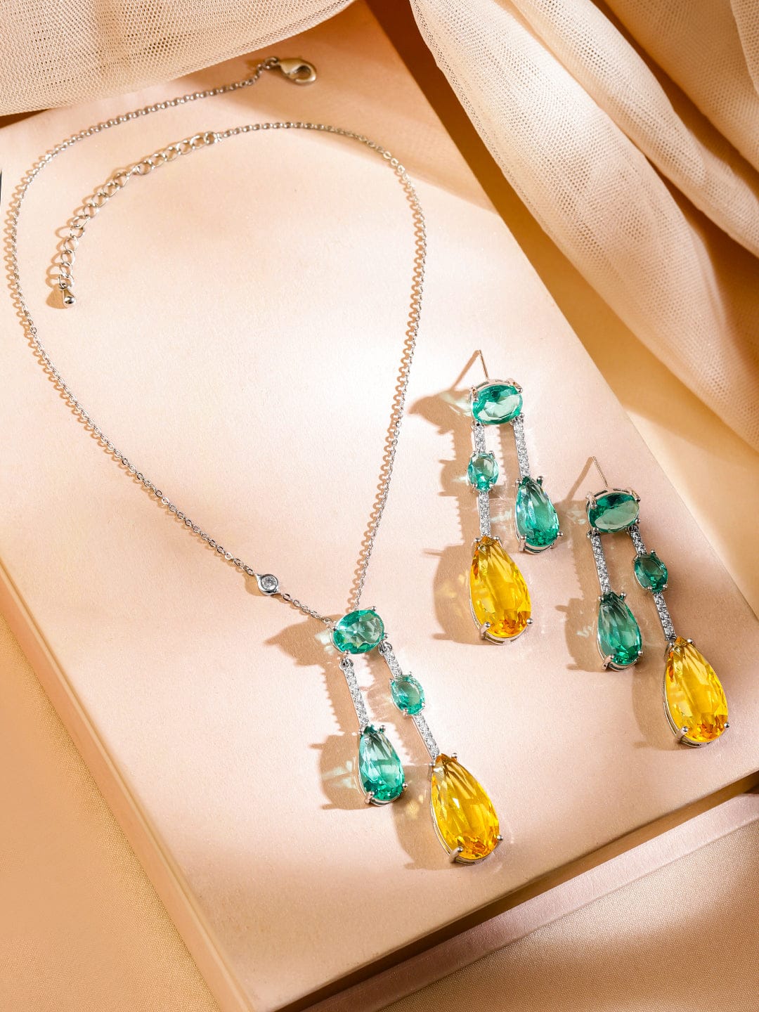 Emerald Green & Yellow American Diamond Zirconia Contemporary Necklace Set